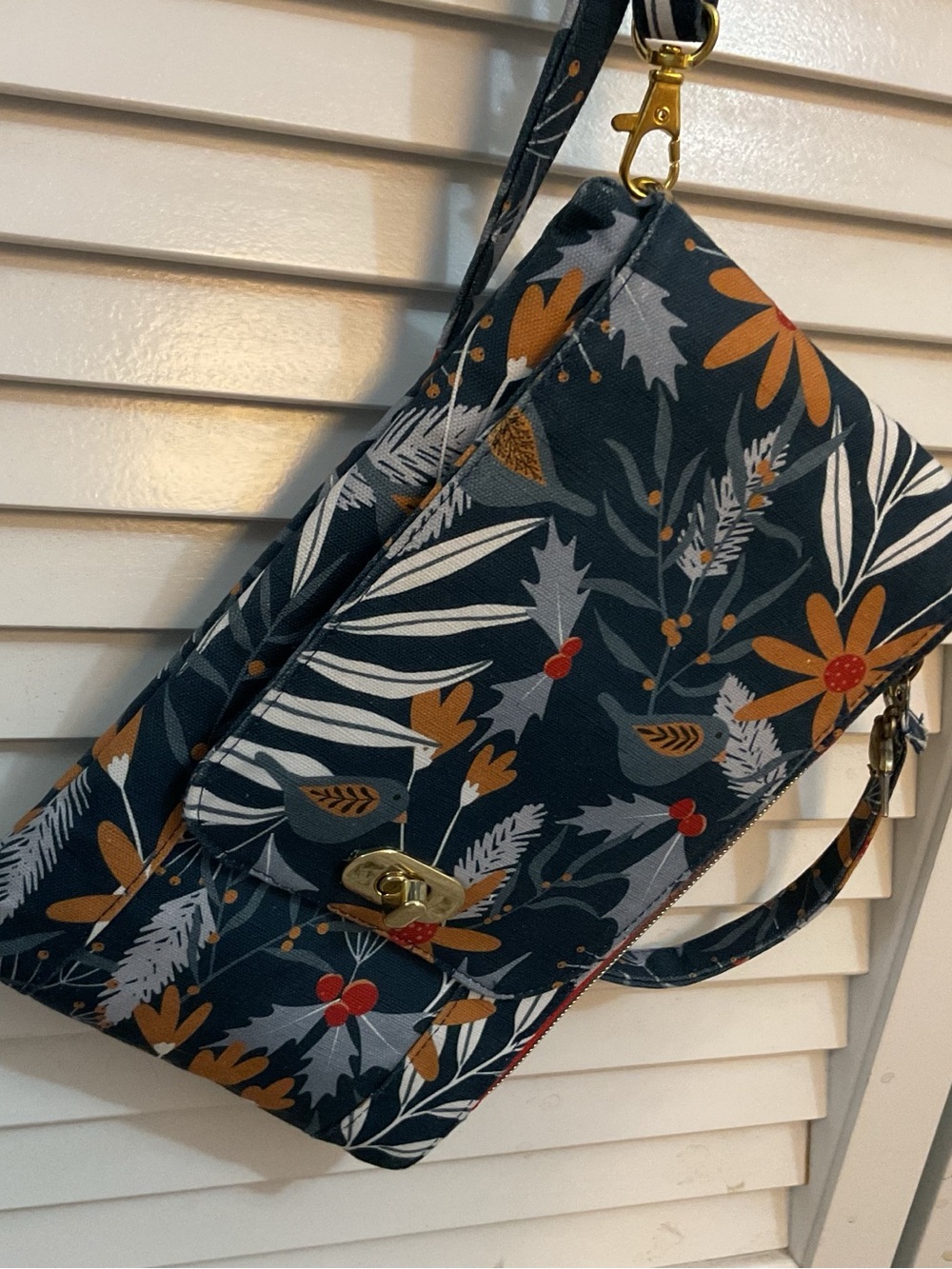 Navy Floral Crossbody Wristlet with Gold Hardware